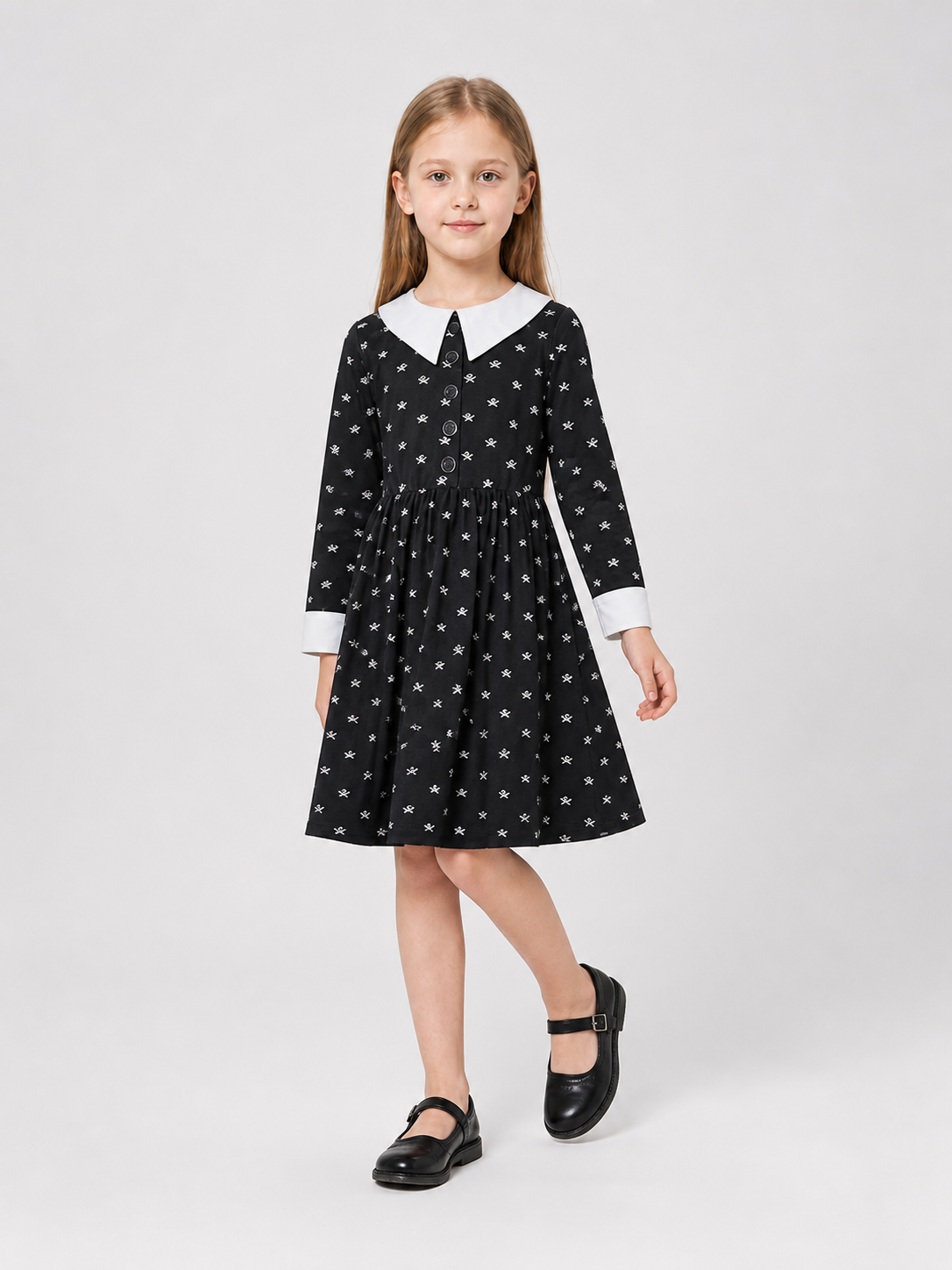 Black Dress with White Collar and Skull Print