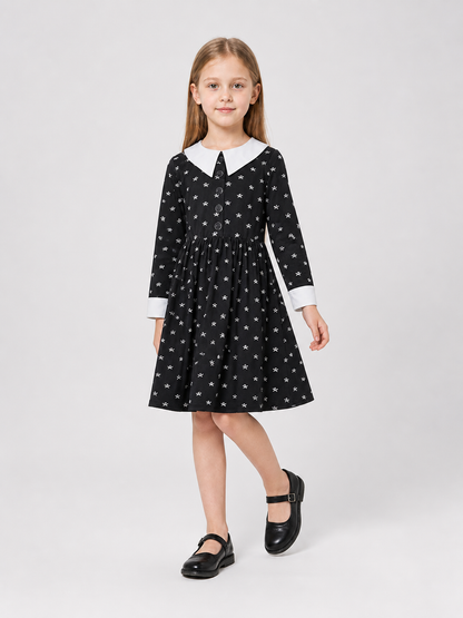 Black Dress with White Collar and Skull Print