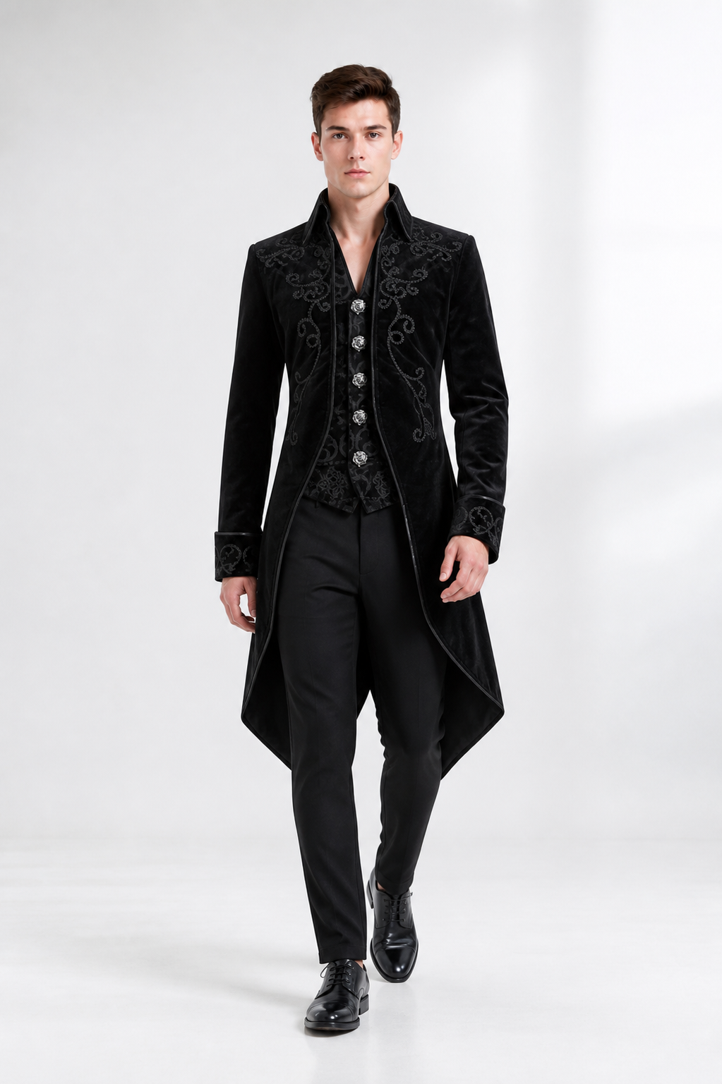Black Tailcoat with Embroidery and Stand Collar product detail 2