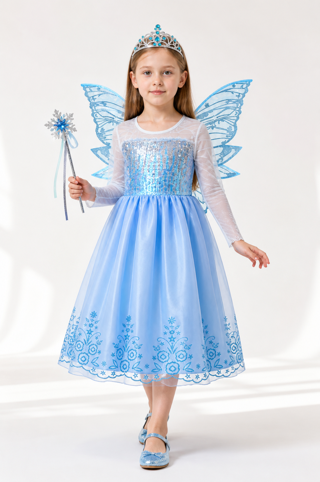 Blue Princess Costume with Butterfly Wings and Crown Costume Headwear detail 2