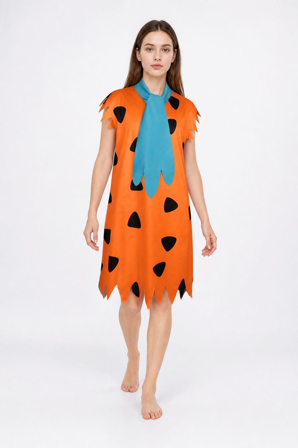 Orange Dress with Black Spots and Blue Accessory on-model alternate view