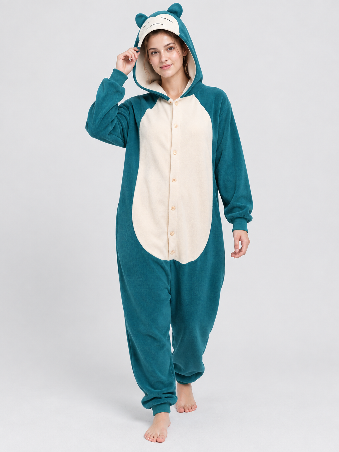 Turquoise Fleece Hooded Pajama Jumpsuit with Ears