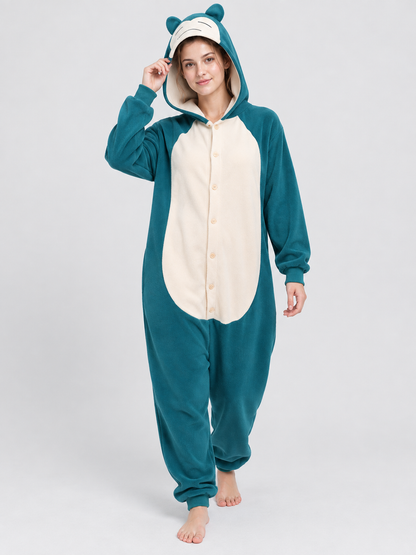 Turquoise Fleece Hooded Pajama Jumpsuit with Ears