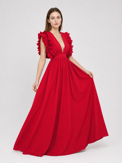 Floor-Length Ruffled Dress with a Deep V-Neckline