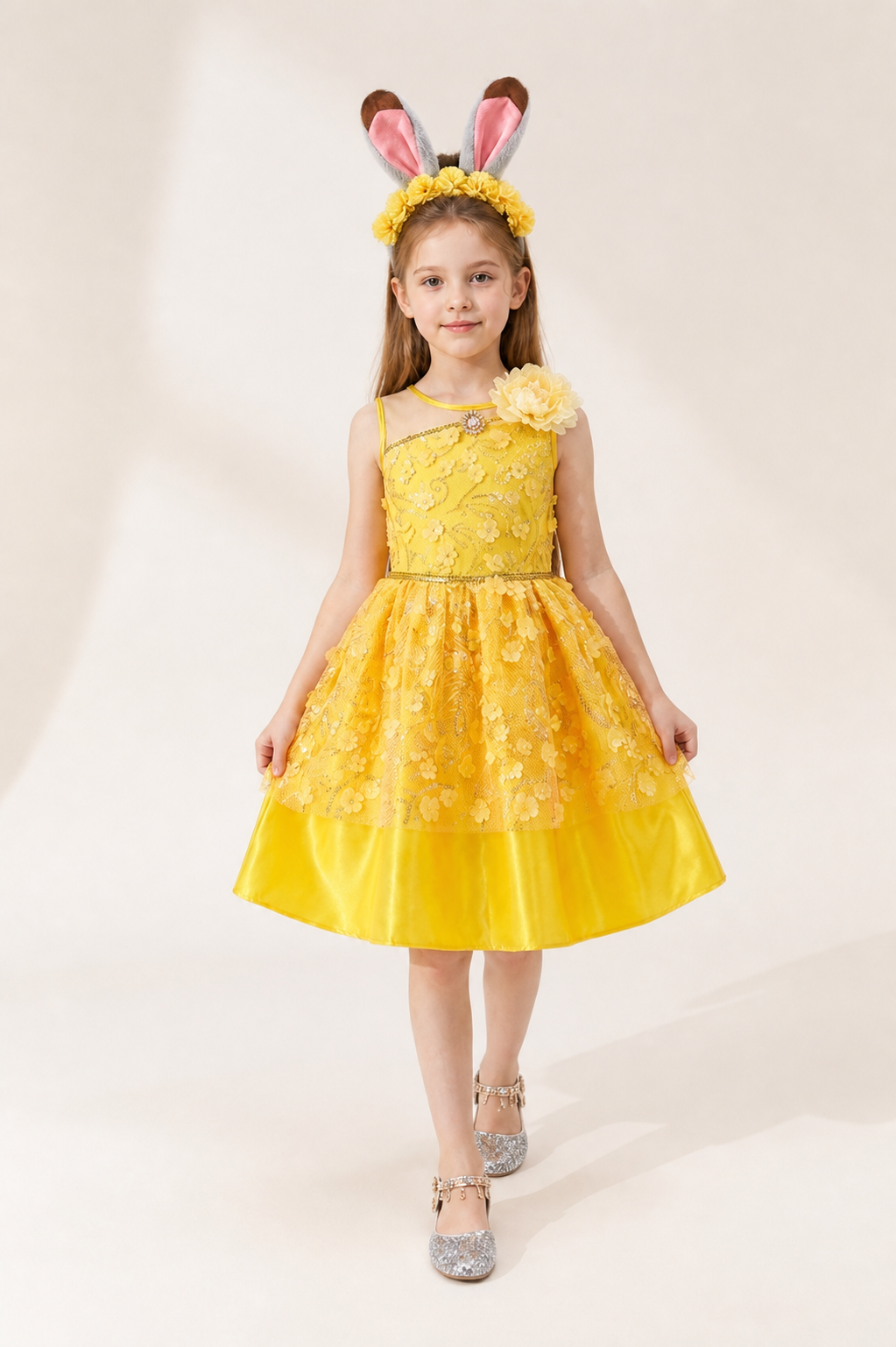 Yellow Cosplay Dress with Floral Decor Costume Dresses detail 2