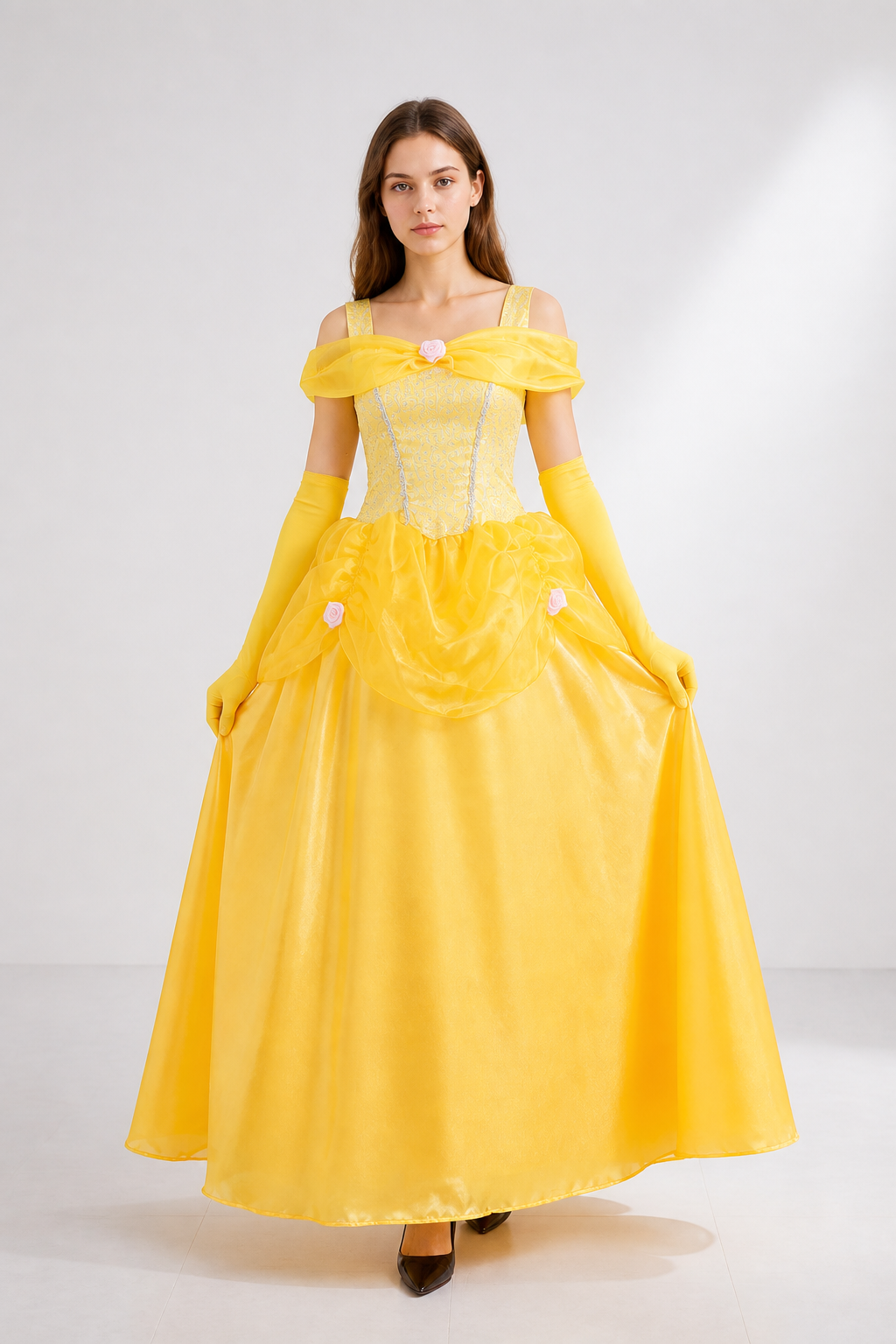 Yellow Ball Gown with Full Skirt and Flowers Costume Dresses detail