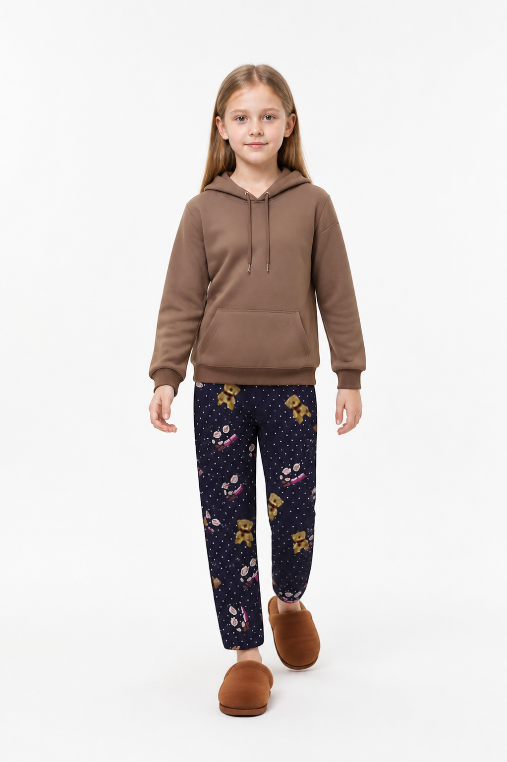 Hooded Pajama Set, Navy Polka-Dot Pants with a Bear on-model alternate view