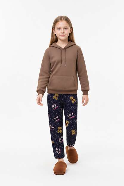 Hooded Pajama Set, Navy Polka-Dot Pants with a Bear on-model alternate view