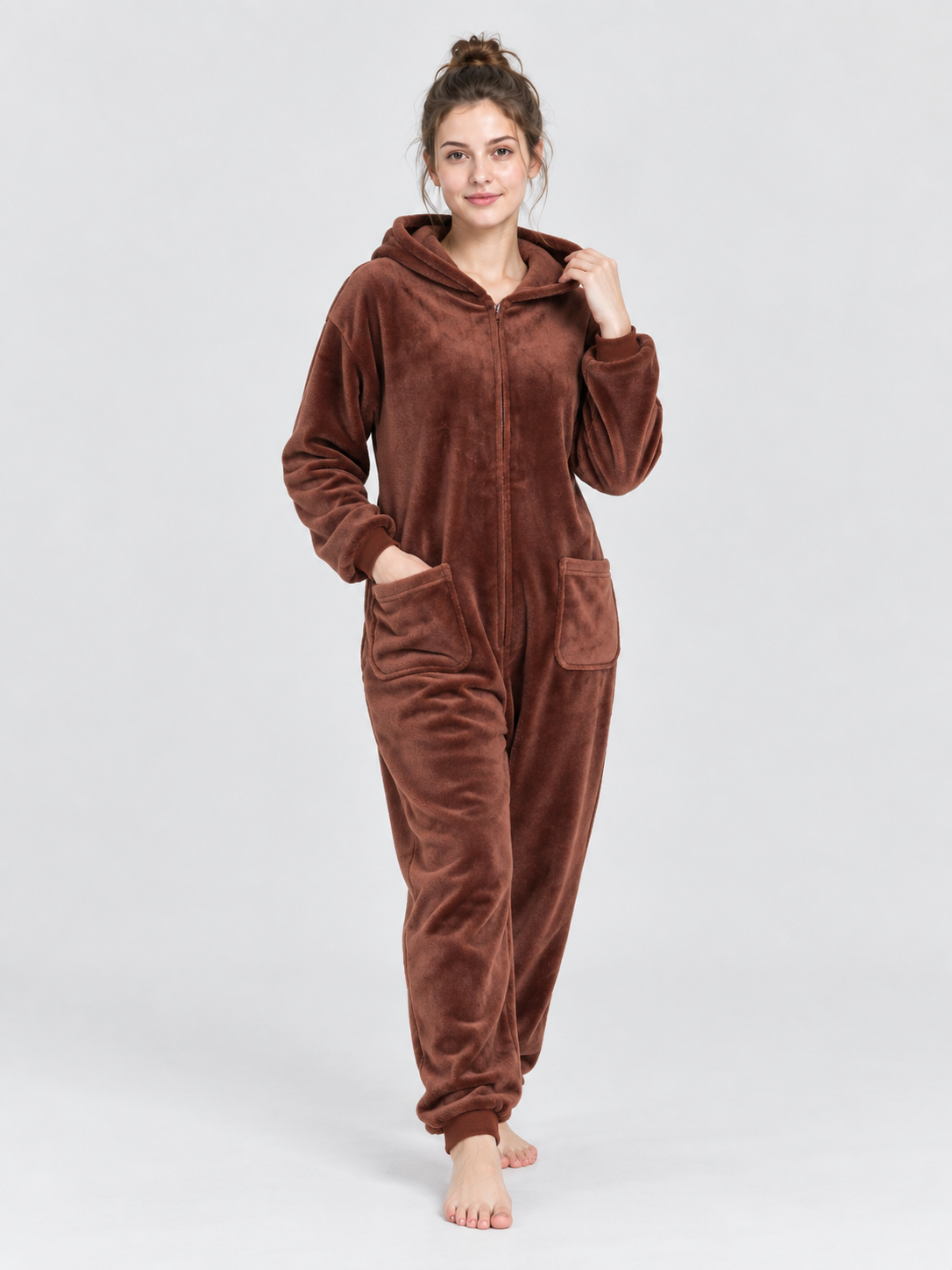 Brown Hooded Flannel Pajama Jumpsuit