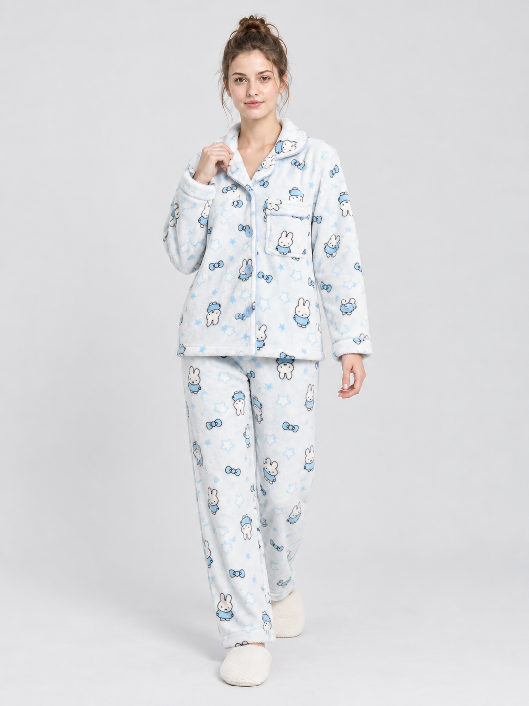Flannel Pajama Set with Bunny and Bow Print