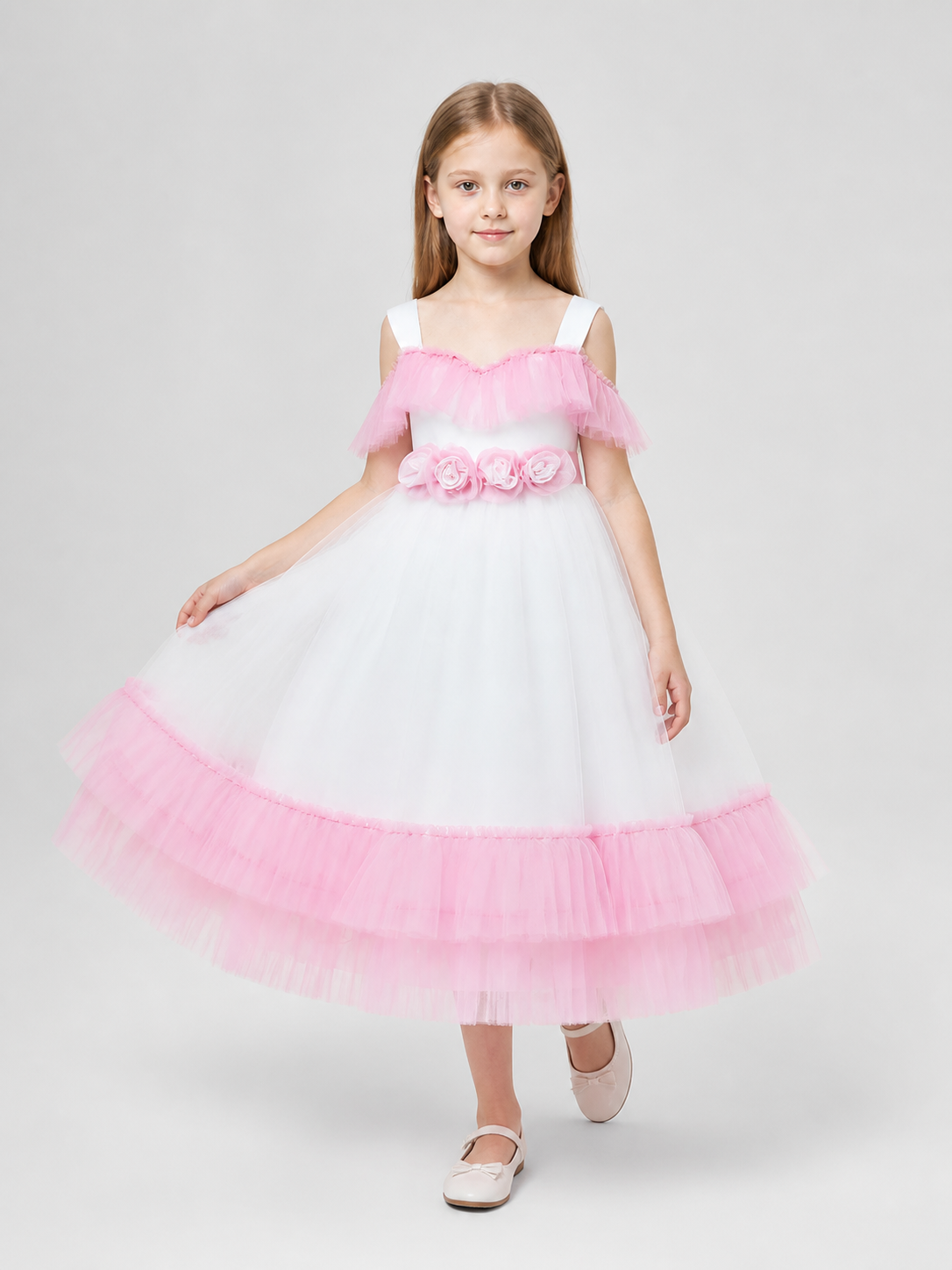Girls' Dressy Tutu Dress with Ruffles, White and Pink