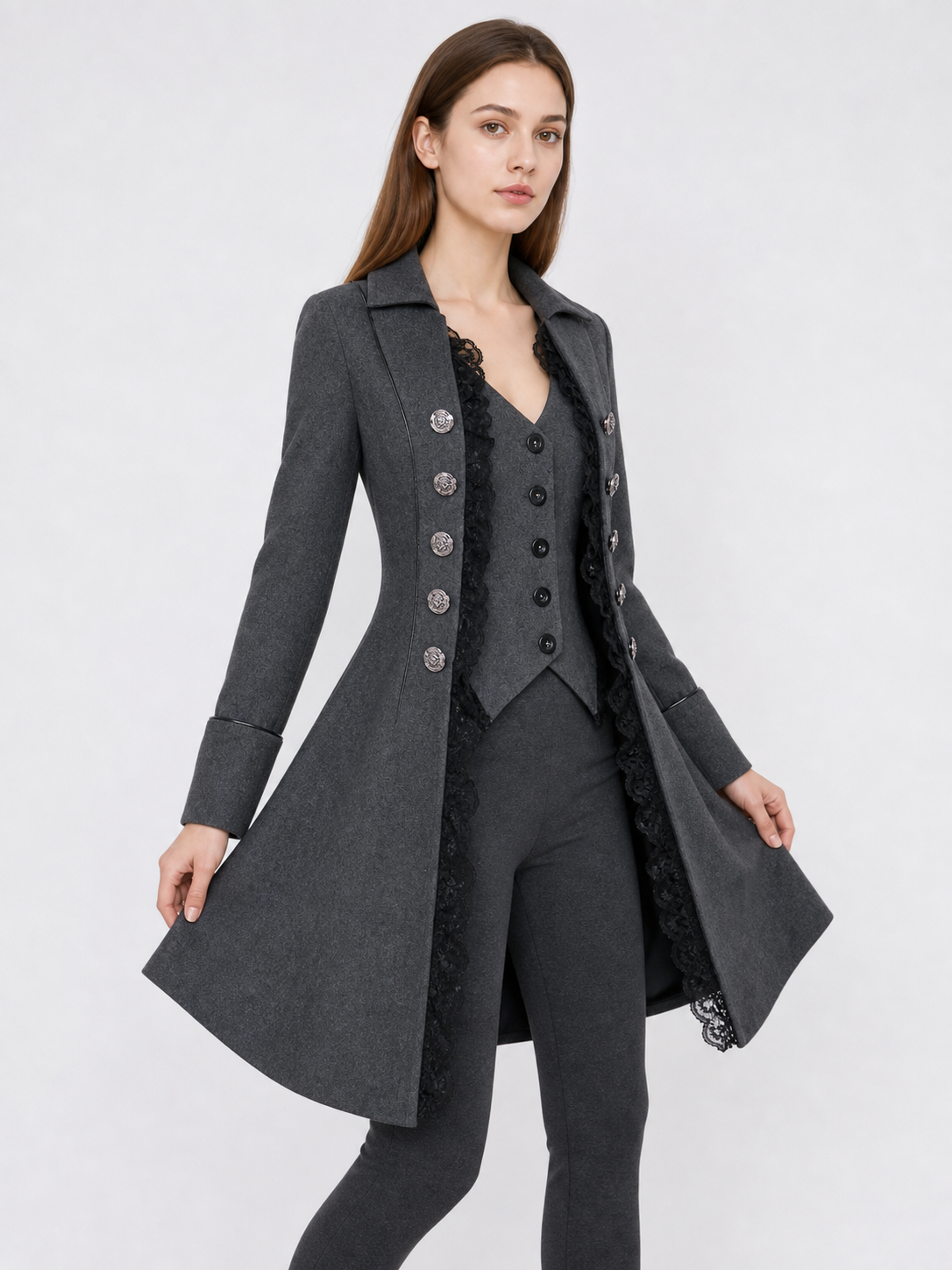 Long Gothic-Style Coat with Lace Trim