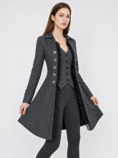 Long Gothic-Style Coat with Lace Trim