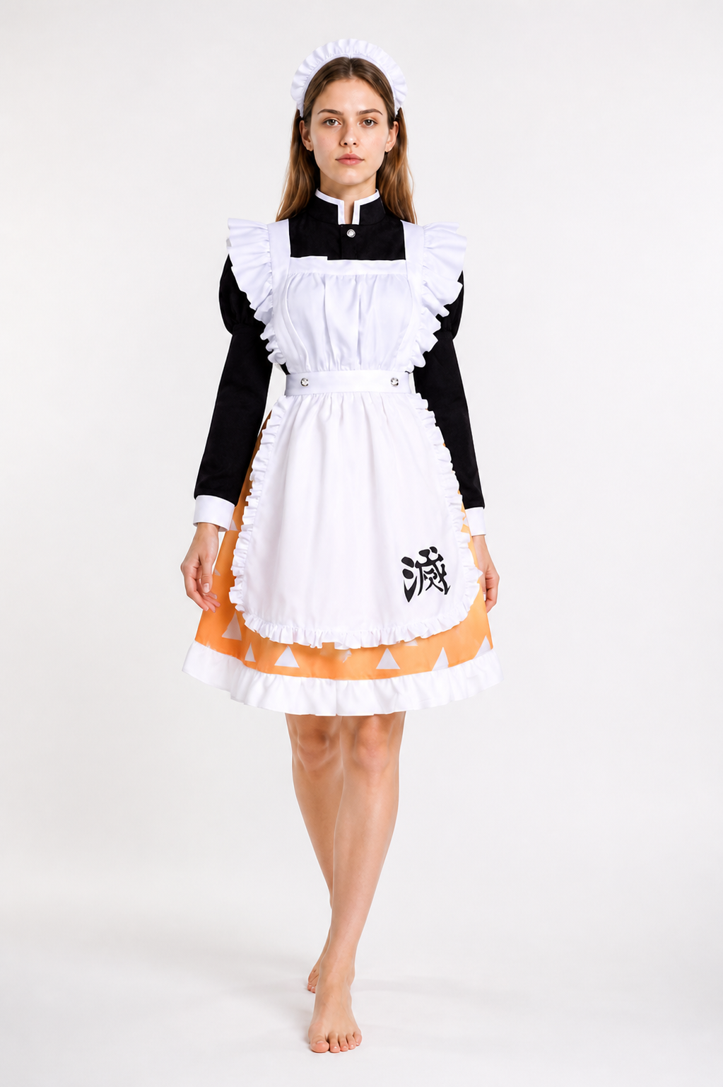 Black cosplay dress with a white apron and orange skirt Costume Dresses detail 2