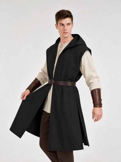Long Sleeveless Hooded Vest, Black