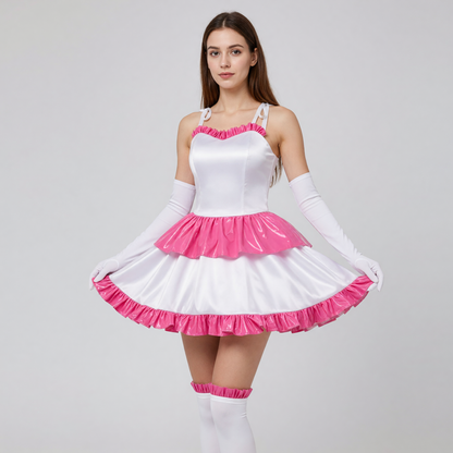 White Mima cosplay dress with pink ruffles and a bow