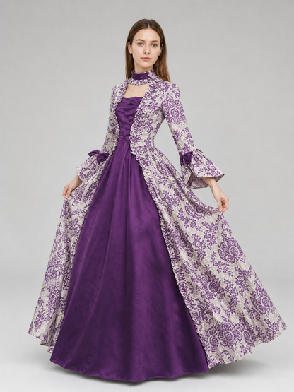 Long-Sleeve Evening Dress with Patterned Bodice