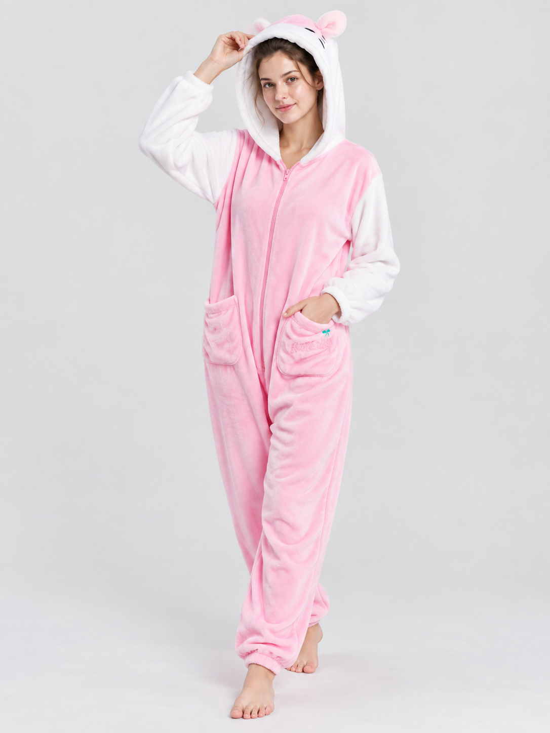 Pink Fleece Hooded Pajama Jumpsuit with Ears