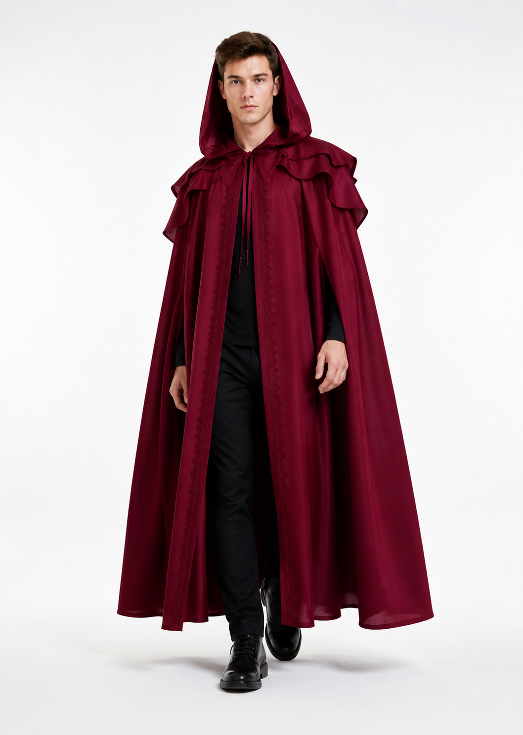 Burgundy Hooded Cloak with Ruffles for Costumes Costume Capes detail