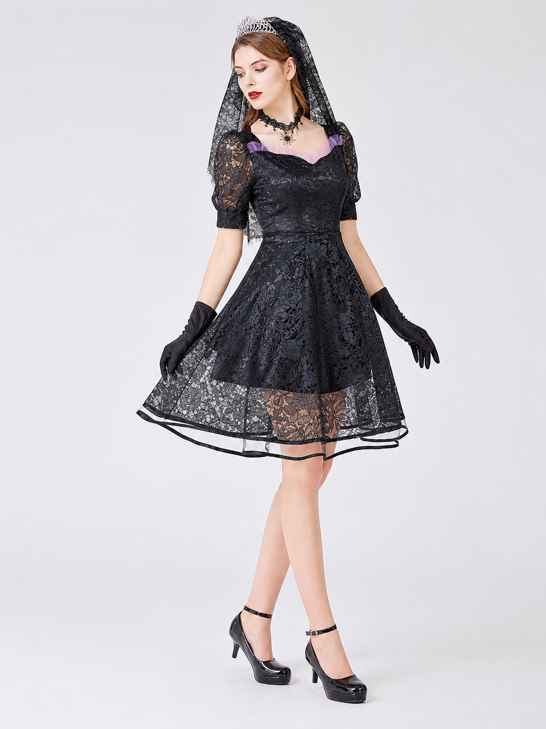Gothic Lace Dress with Purple Trim Costume Dresses detail