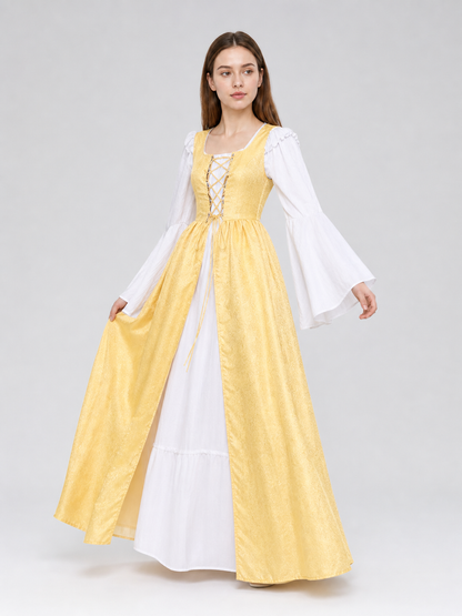 The yellow dress is designed in a fairytale costume style with distinctive