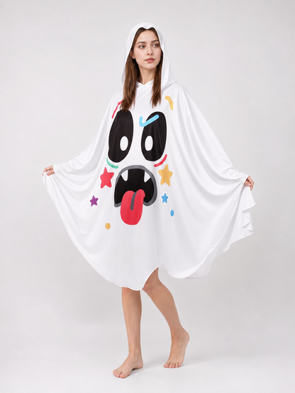 Halloween Ghost Costume Hooded Poncho with Cartoon Face Graphic, Wide Draped Sleeves and Multicolor Details for Costume Parties