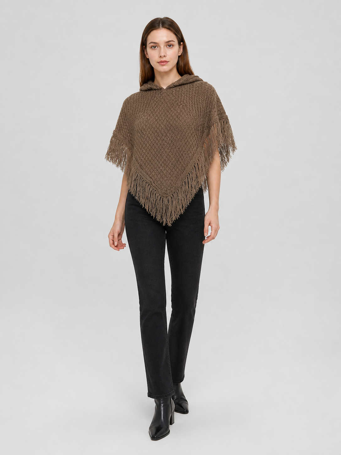 Triangle Hooded Cape with Fringe, Brown Costume Capes detail 2
