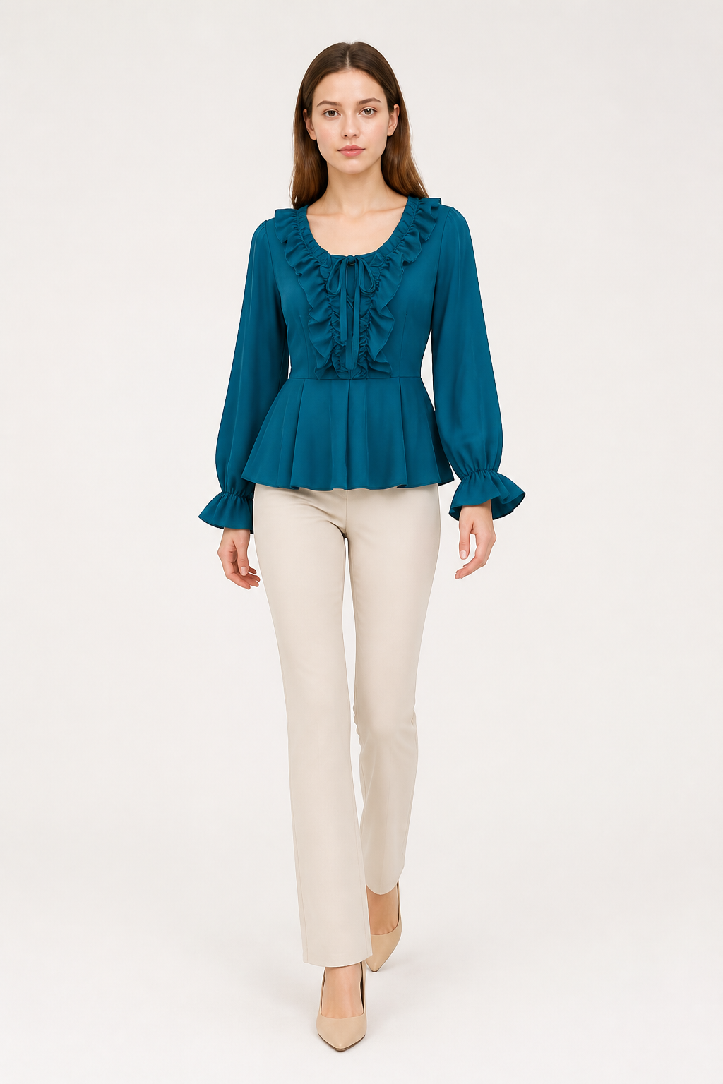 Ruffled Blouse with Flared Sleeves, Turquoise product detail