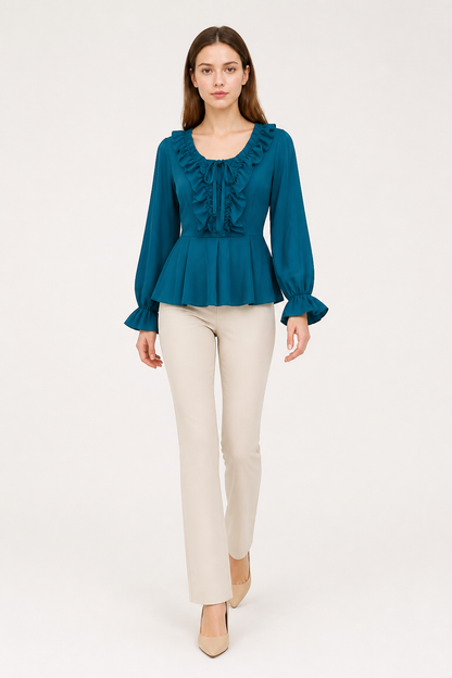 Ruffled Blouse with Flared Sleeves, Turquoise product detail