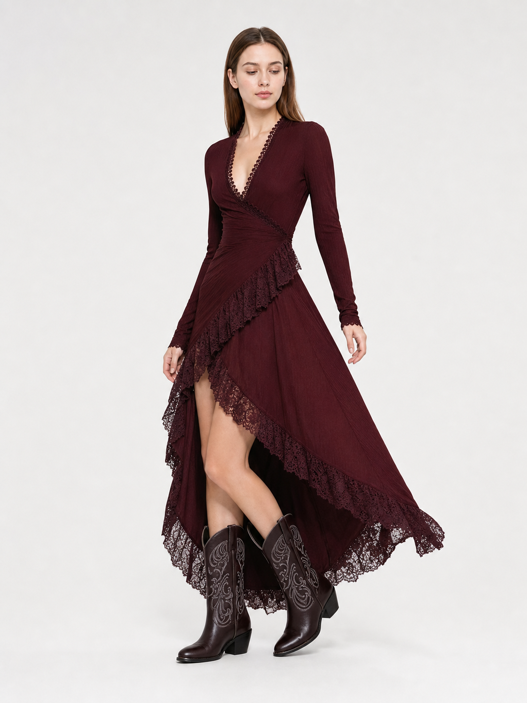 Burgundy Dress with a Deep V-Neckline and Lace Trim