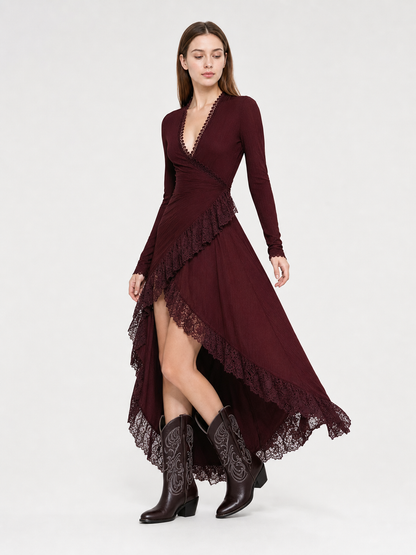Burgundy Dress with a Deep V-Neckline and Lace Trim