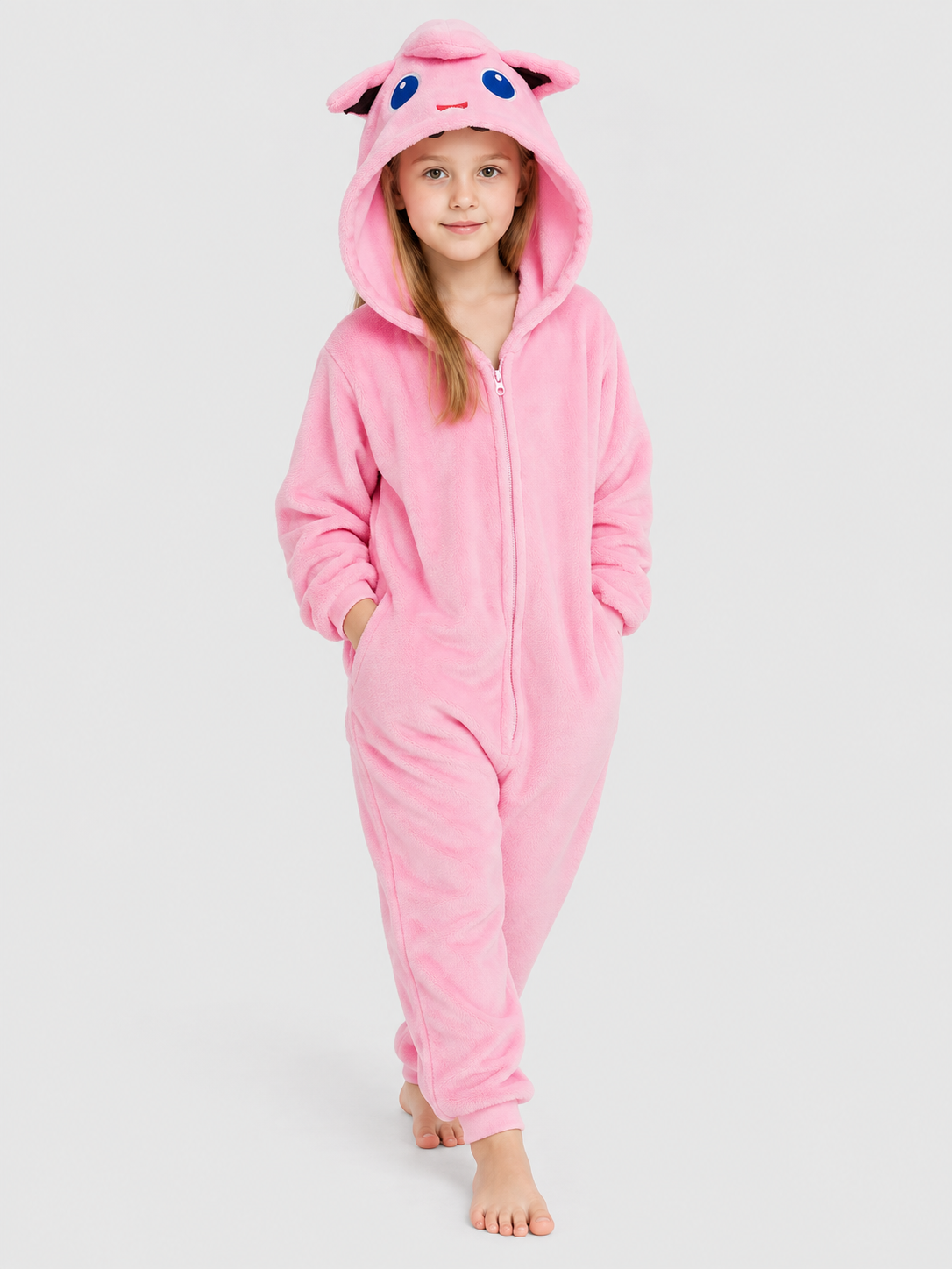 Pink plush kigurumi jumpsuit with hood and ears