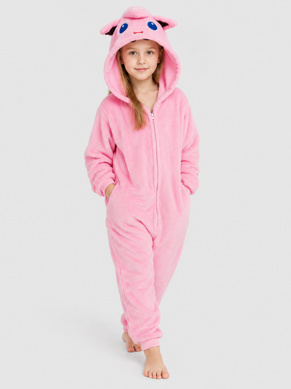 Pink plush kigurumi jumpsuit with hood and ears
