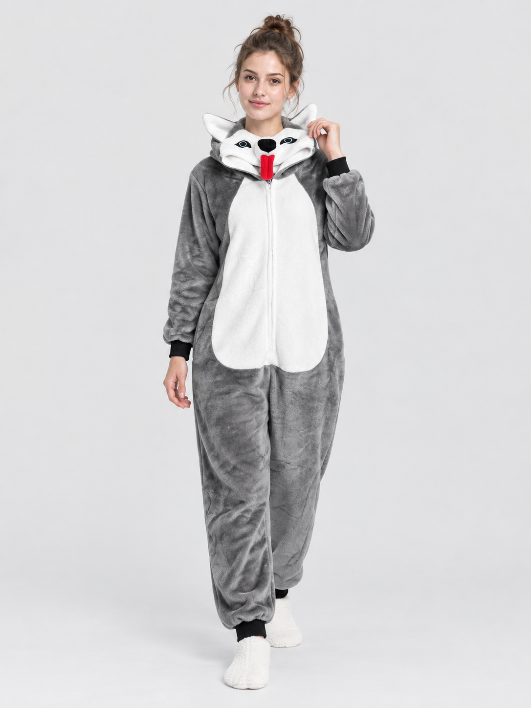 Flannel Hooded Pajama Jumpsuit with Ears