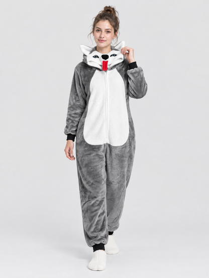 Flannel Hooded Pajama Jumpsuit with Ears