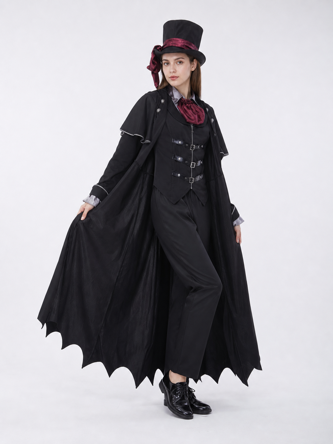 Gothic vampire costume with cloak and top hat