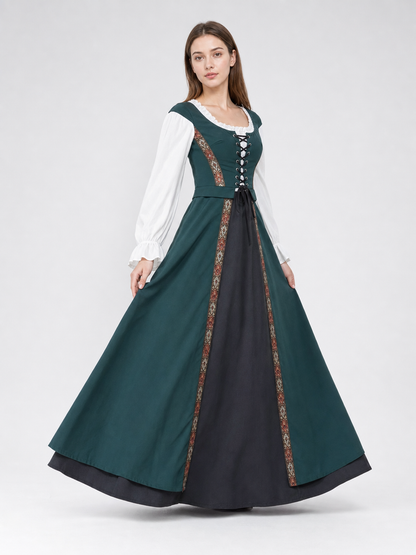 The retro dress is designed in a courtly style and comes with a woven headpiece. The dress is presented in deep green with long white sleeves, white trim along the edge of the collar and cuffs, and crisscross lacing at the front that emphas
