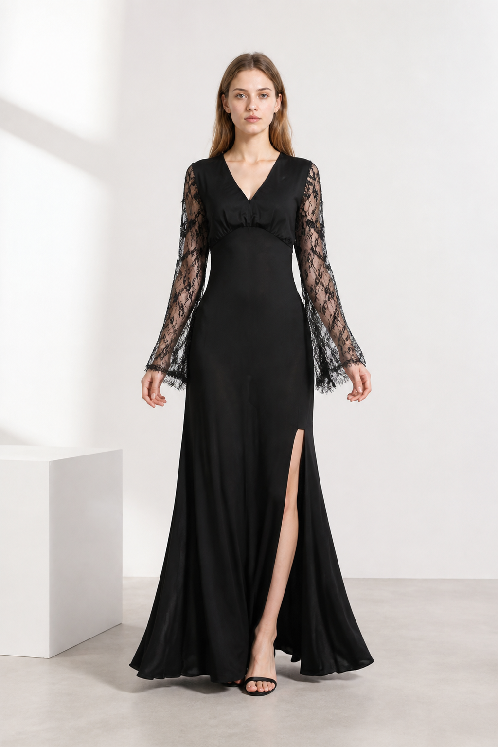Black Dress with V-Neck and Lace Sleeves Costume Dresses detail 2