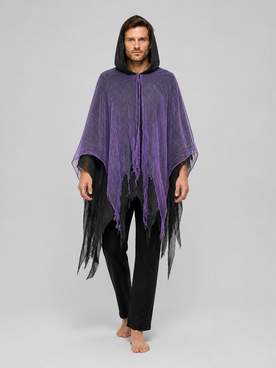 Purple Hooded Cloak with Tattered Hem for Halloween Costume Capes detail 2
