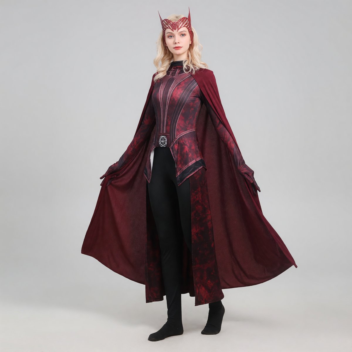 Scarlet Witch superhero cosplay costume with cape on-model alternate view
