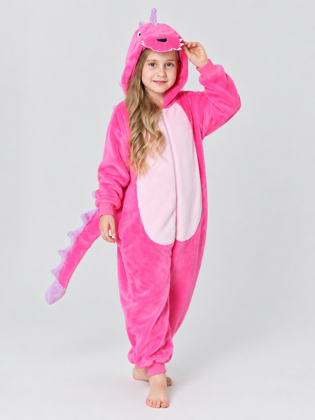Bright Pink Hooded Kigurumi Pajama with Spikes, One-Piece