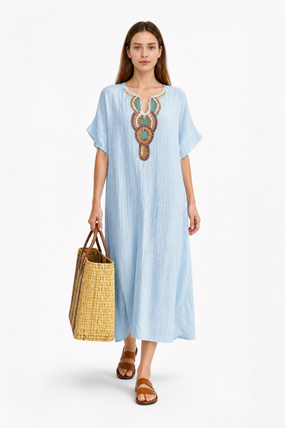 Loose-Fit Embroidered Midi Dress with Short Sleeves Costume Dresses detail 2