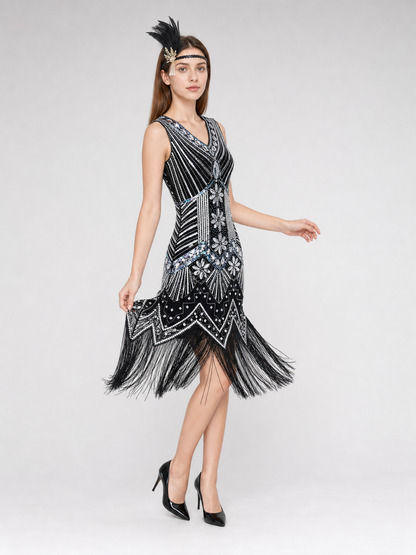 Sleeveless dress with a V-neckline and a fitted silhouette, made from fabric