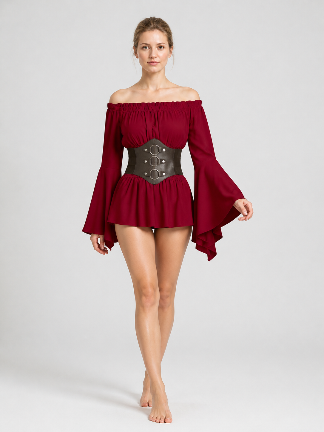 Burgundy Blouse with Black Belt, Pirate Cosplay Costumes detail 2