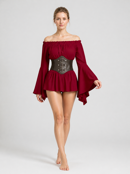 Burgundy Blouse with Black Belt, Pirate Cosplay Costumes detail 2