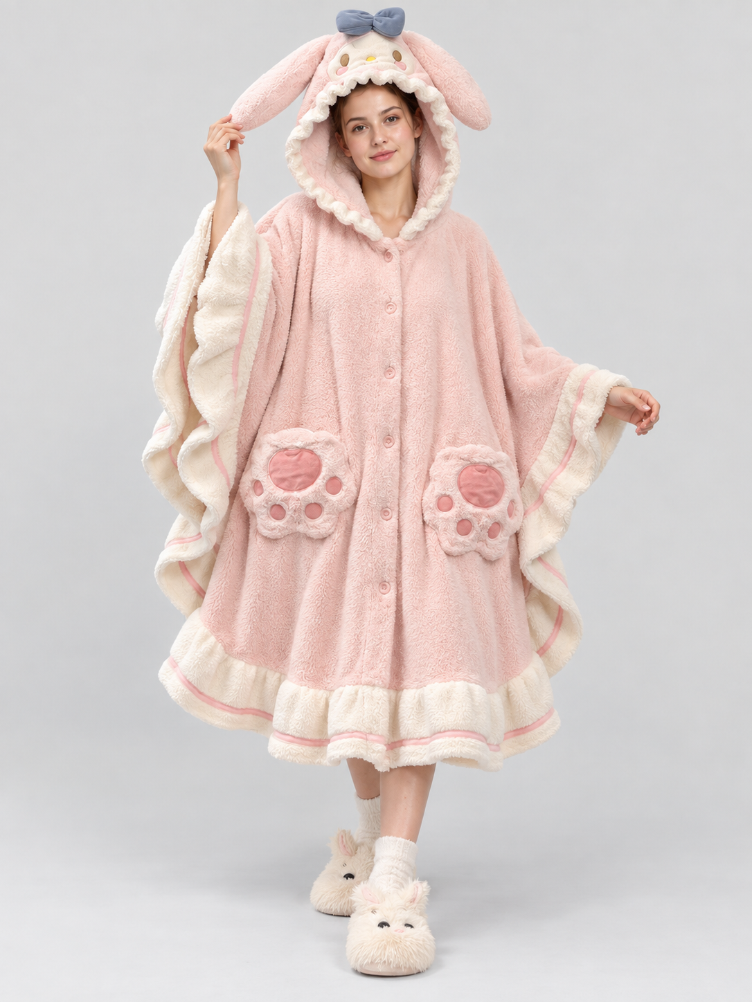 Pink Hooded Coral Fleece Poncho Robe