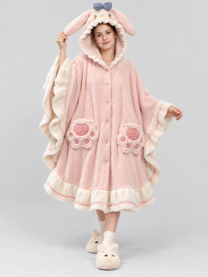 Pink Hooded Coral Fleece Poncho Robe