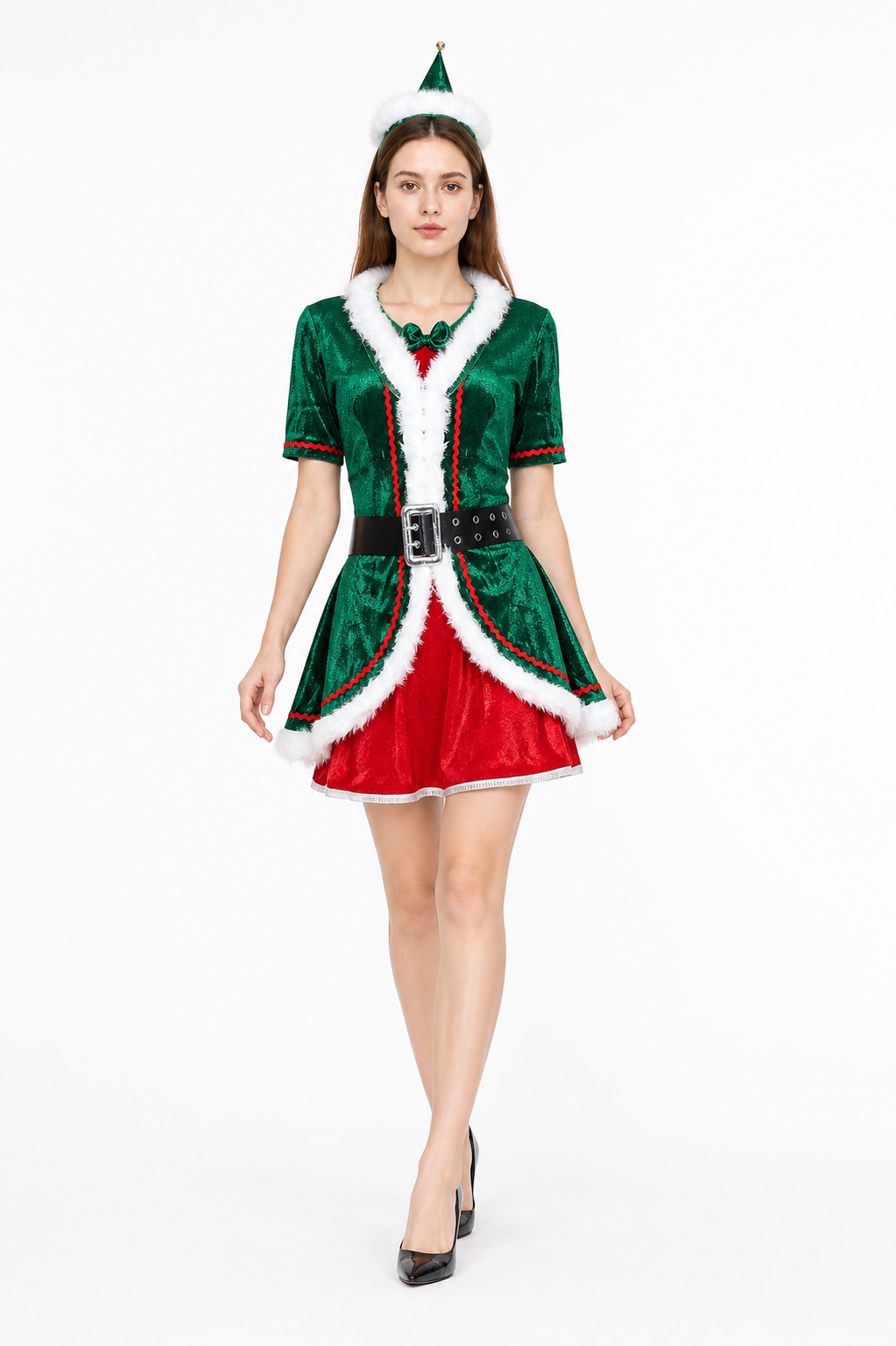 Holiday costume with dress, hat, and belt