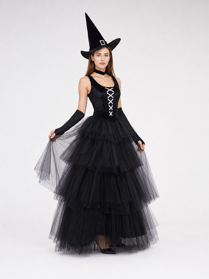 Halloween costume: black dress, hat, and gloves