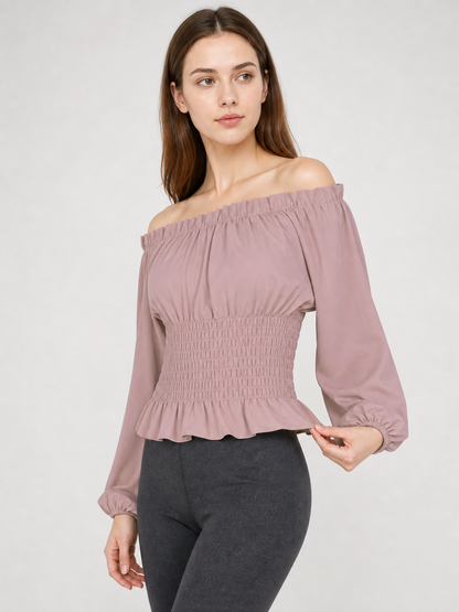 Cropped Blouse with Puff Sleeves and Ruffle